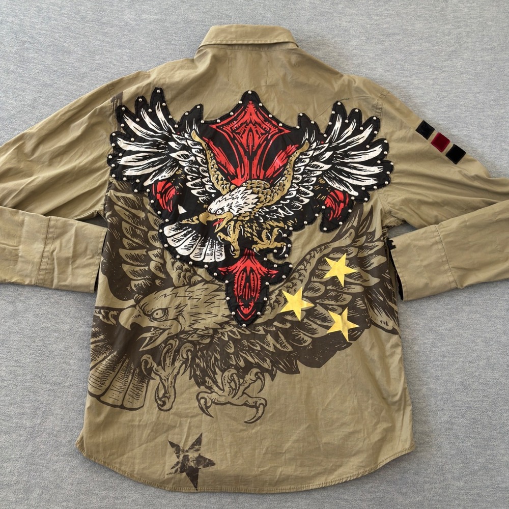 Rebel Spirit Mens XL Tan Eagle Graphic Studded Button Down Shirt Biker Rocker